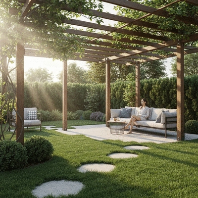 User enjoying backyard with pergola