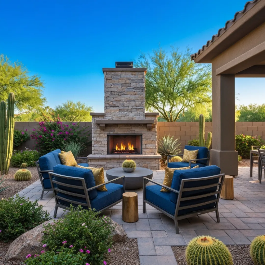Luxurious outdoor patio with fireplace and seating