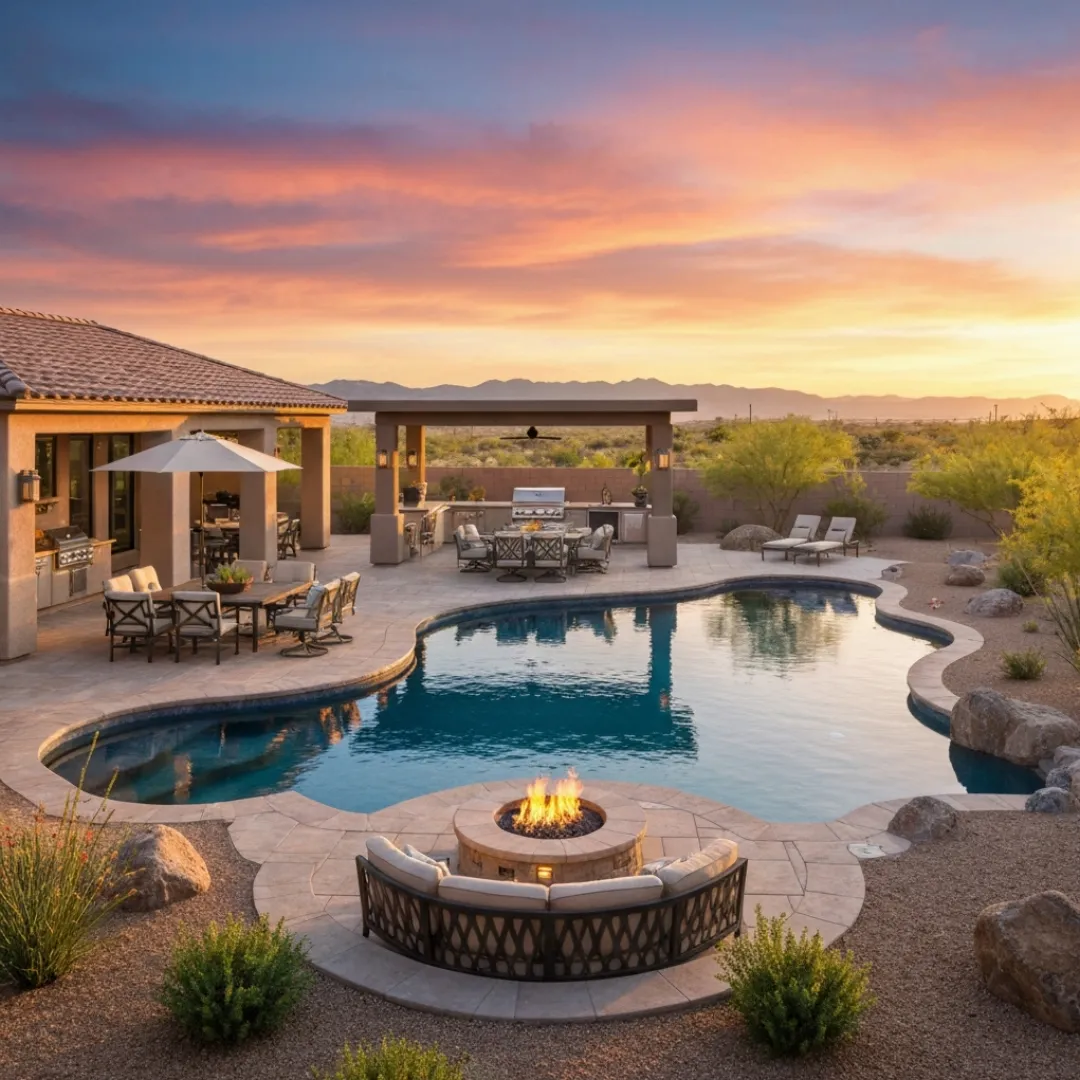 Beautiful desert outdoor living space with pool and patio